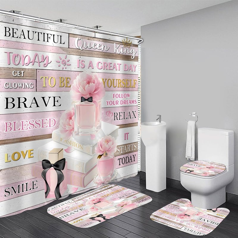 AZHM 4Pcs Shower Curtain Set Pink Fashion Floral Bathroom Decor Inspirational Quotes Bathroom Shower Curtain with Rugs and Accessories Girly Perfume Bathroom Set - Image 1